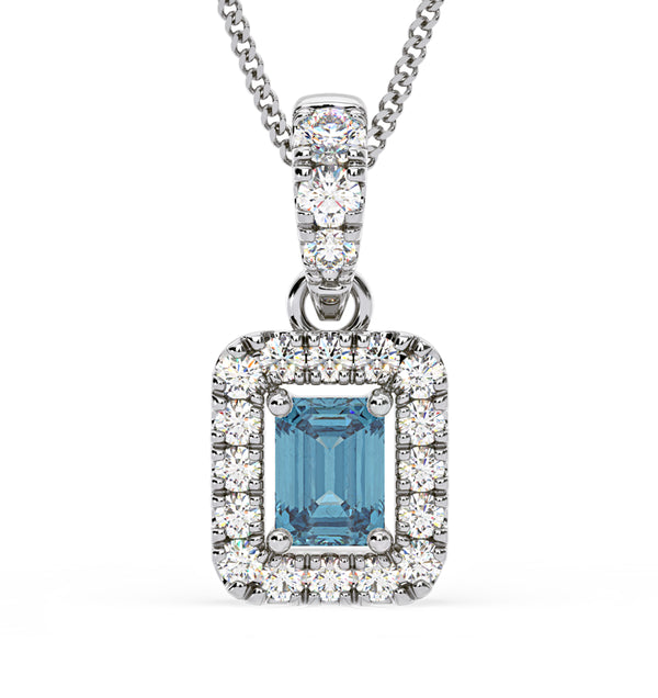 Annabelle Blue Lab Diamond Emerald Cut Halo Necklace 0.70ct in 18K White Gold - Elara Collection