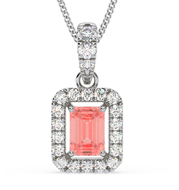 Annabelle Pink Lab Diamond Emerald Cut Halo Necklace 1.38ct in 18K White Gold - Elara Collection