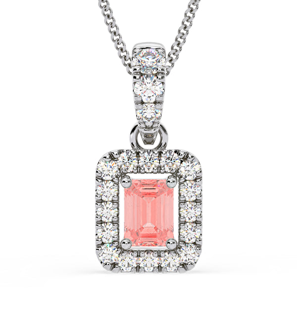 Annabelle Pink Lab Diamond Emerald Cut Halo Necklace 0.70ct in 18K White Gold - Elara Collection