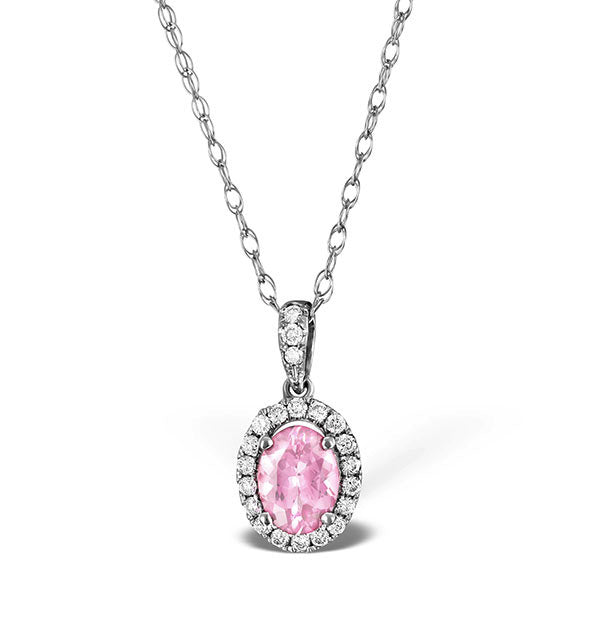 Pink Sapphire 7 X 5mm and Diamond 18K White Gold Pendant Necklace