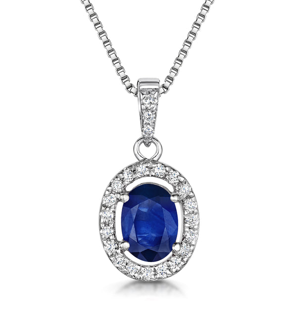 Sapphire 7 x 5mm And Diamond 18K White Gold Pendant Necklace