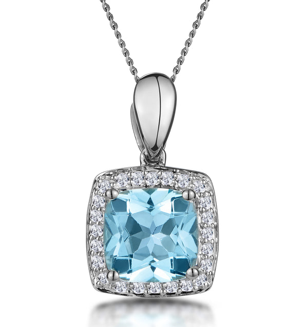 2ct Blue Topaz and Diamond Halo Square Asteria Necklace in 18KW Gold