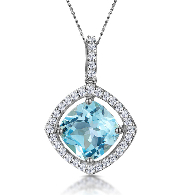 5.40ct Blue Topaz and Lab Diamond Halo Necklace in 9K White Gold