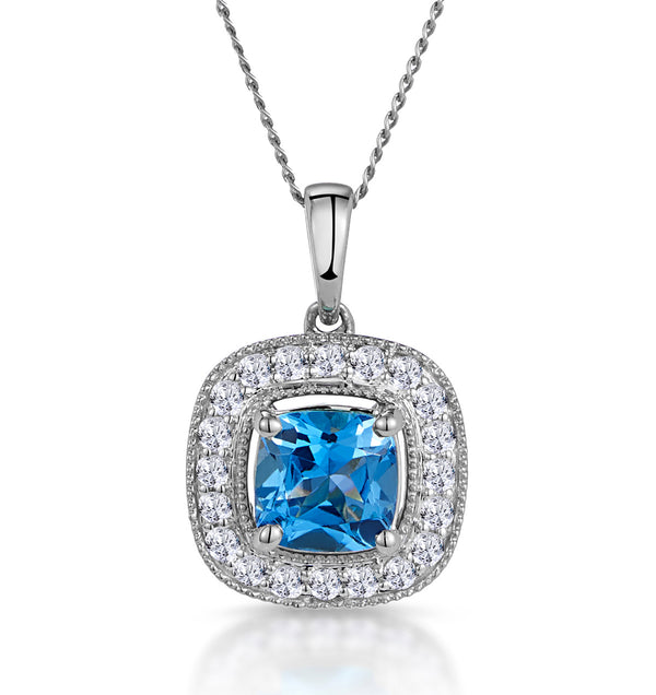 2.50ct Blue Topaz Asteria Diamond Halo Pendant Necklace in 18KW Gold