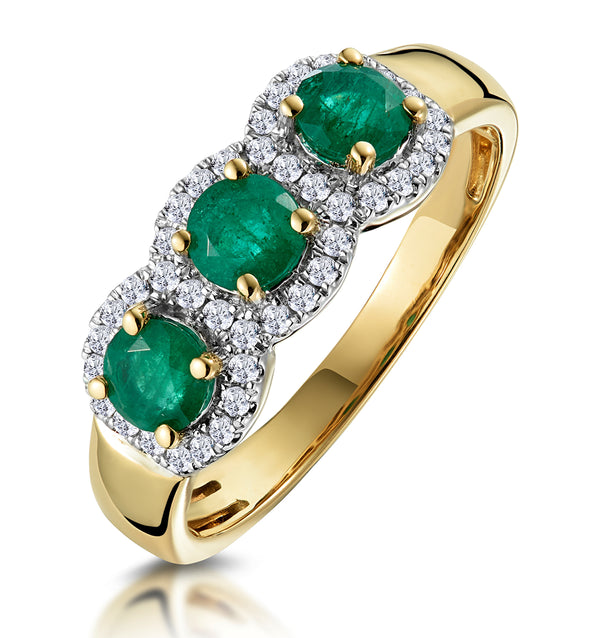 Emerald and Lab Diamond Halo Trilogy Ring in 9K Gold - Asteria