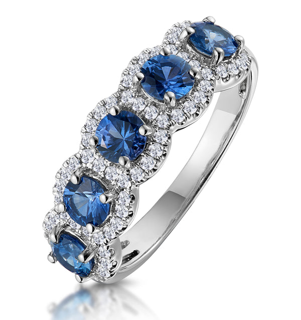 Sapphire and Diamond Halo 5 Stone Asteria Ring in 18K White Gold