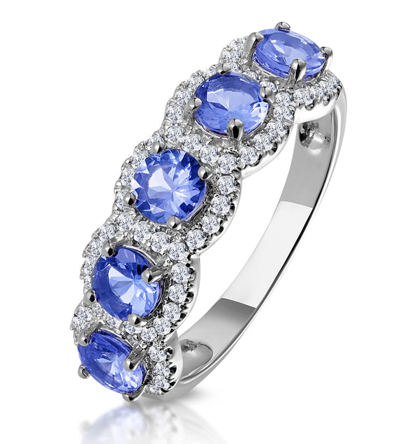 1.20ct Tanzanite Asteria Eternity Halo Lab Diamond Ring 9K White Gold
