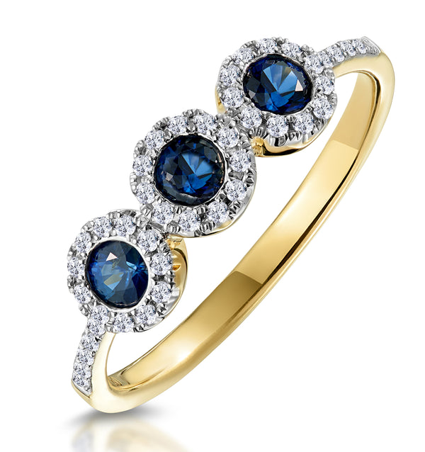 Sapphire and Lab Diamond Halo Trilogy Ring 9K Gold - Asteria
