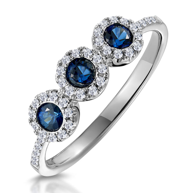 Sapphire and Lab Diamond Halo Trilogy Ring 9K White Gold - Asteria