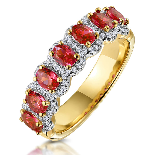 Ruby and Diamond Halo Eternity Ring in 18K Gold - Asteria Collection