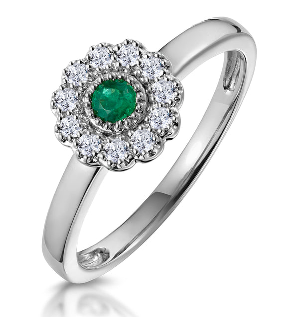 Emerald and Diamond Halo Ring in 18K White Gold - Asteria Collection