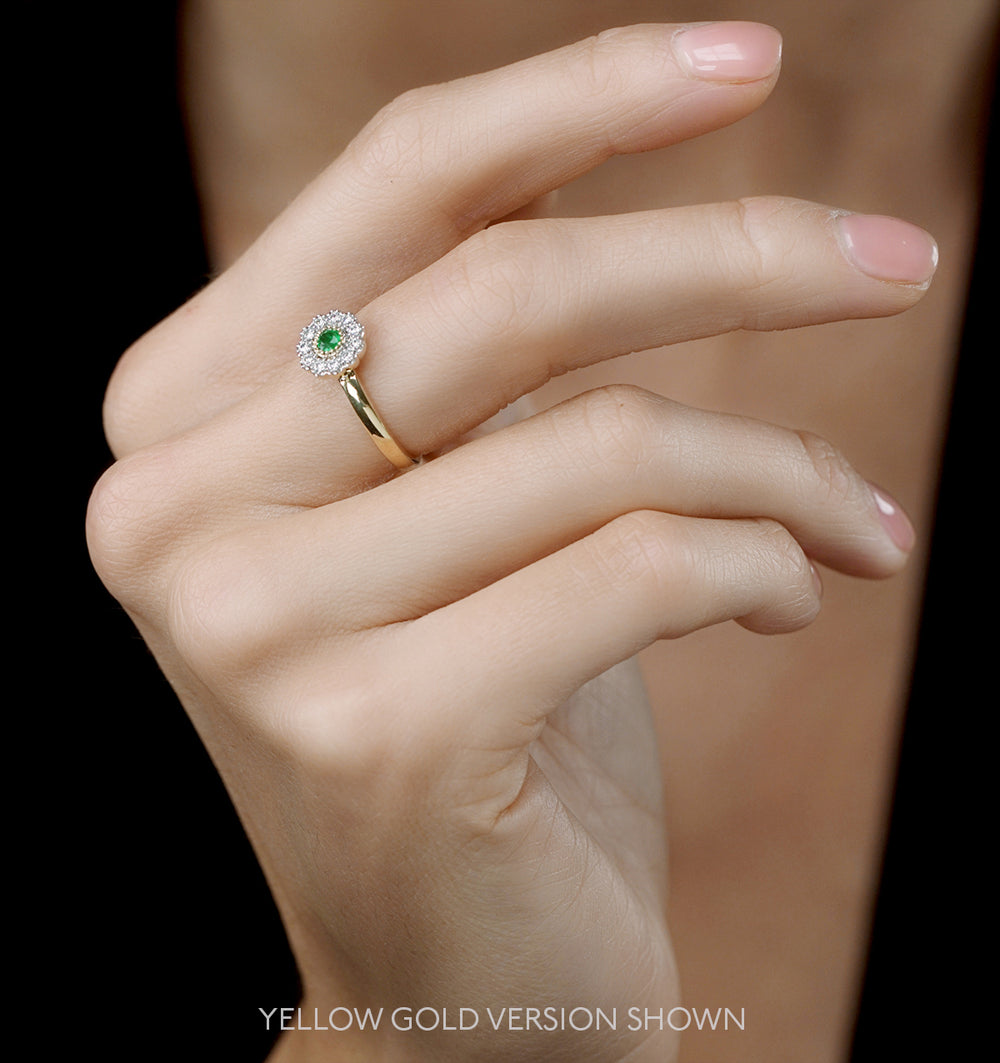 Emerald and Diamond Halo Ring in 18K White Gold - Asteria Collection
