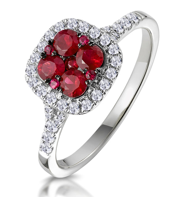 Ruby and Diamond Halo Square Ring 18K White Gold - Asteria Collection