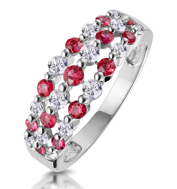 Ruby and Lab Diamond 3 Row Ring in 9K White Gold - Asteria Collection