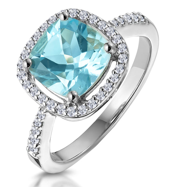 2ct Blue Topaz and Diamond Shoulders Asteria Ring in 18K White Gold