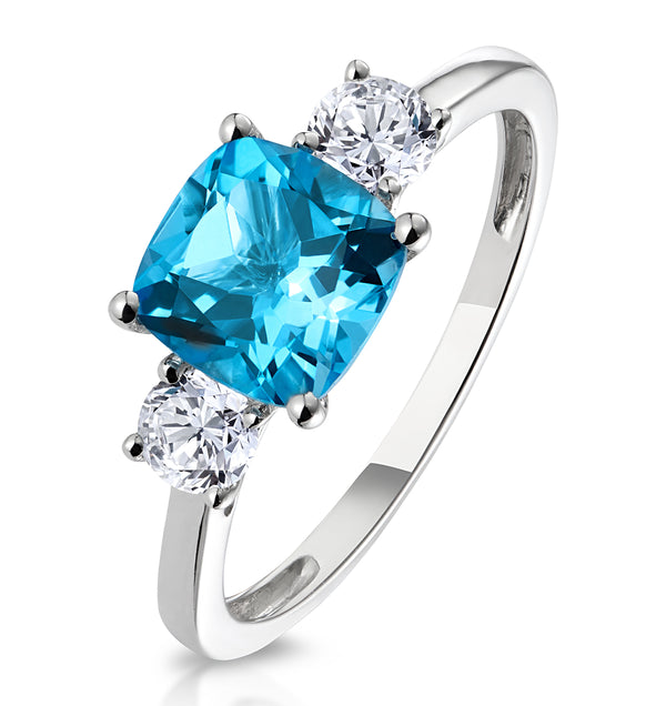 2.50ct Cushion Cut Blue Topaz Lab Diamond Asteria Ring 9K White Gold