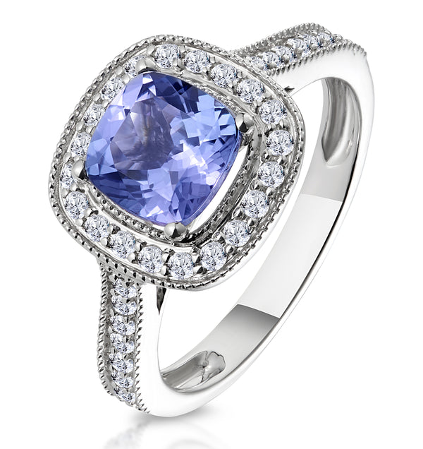 1.60ct Cushion Tanzanite Diamond Halo Asteria Ring in 18K White Gold