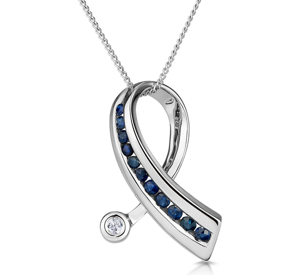 Sapphire And 0.02CT Diamond Ribbon Pendant Necklace 9K White Gold