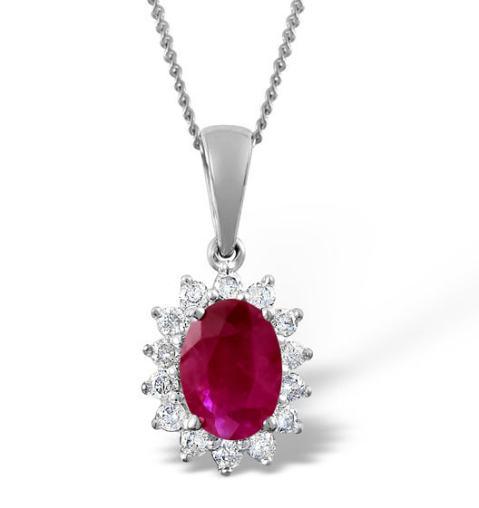 Ruby Pendant Necklace With Lab Diamonds in 925 Silver - 7 x 5mm Centre