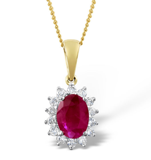 Ruby 7 x 5mm And Diamond 18K Yellow Gold Pendant Necklace
