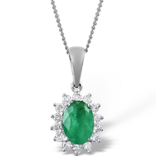 Emerald 0.80CT And Diamond 18K White Gold Pendant Necklace