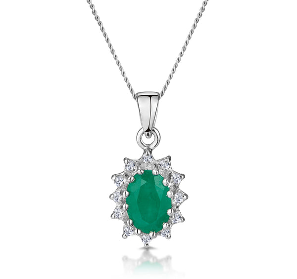 Emerald 0.80CT And Diamond 9K White Gold Pendant Necklace