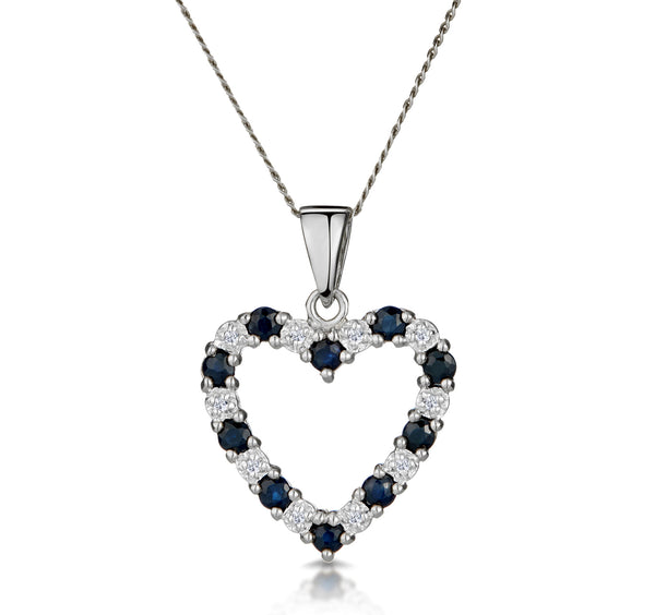 9K White Gold 0.03ct Diamond and Sapphire Heart Pendant Necklace
