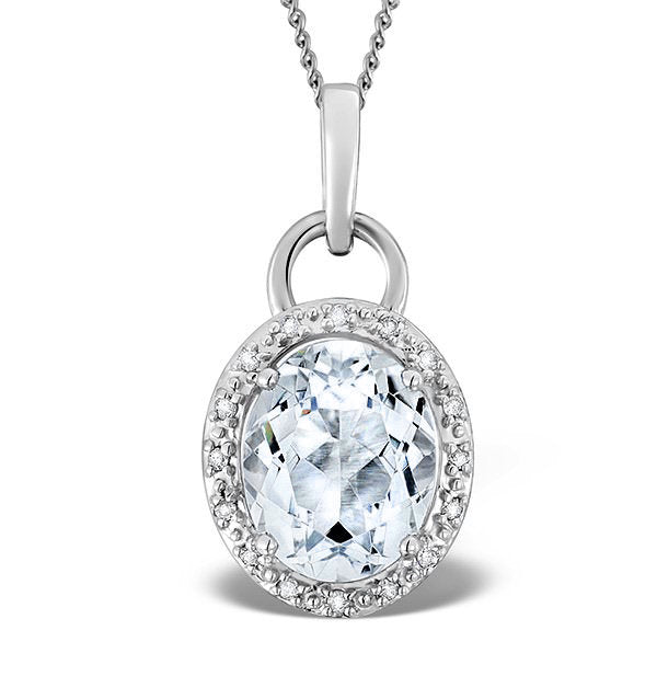 Aquamarine 2.69ct And Diamond 9K White Gold Pendant Necklace