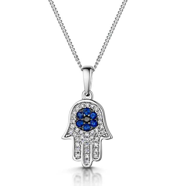 Sapphire Black Diamond Hamsa Evil Eye Pendant Necklace 9K White Gold
