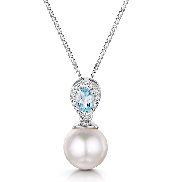 Pearl and Blue Topaz and Diamond Pendant Necklace in 9K White Gold