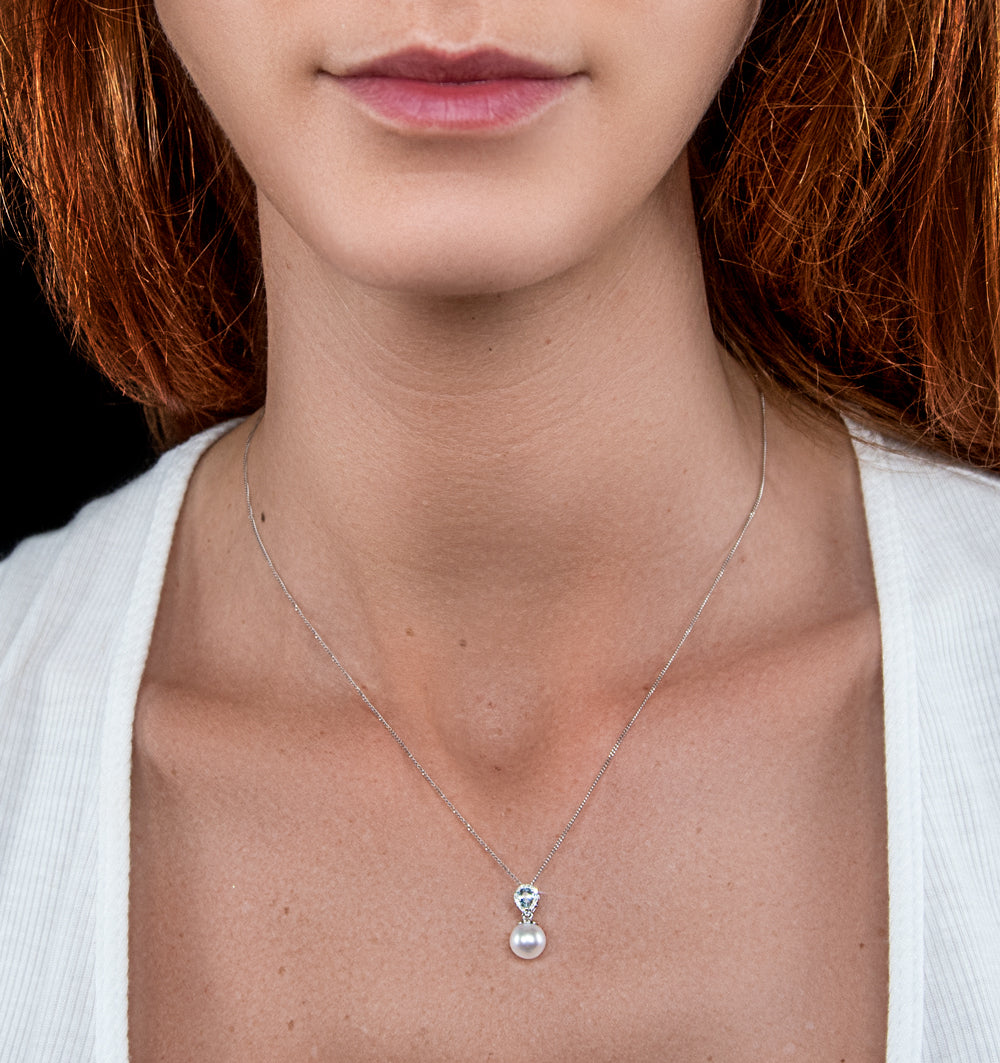 Pearl and Blue Topaz and Diamond Pendant Necklace in 9K White Gold
