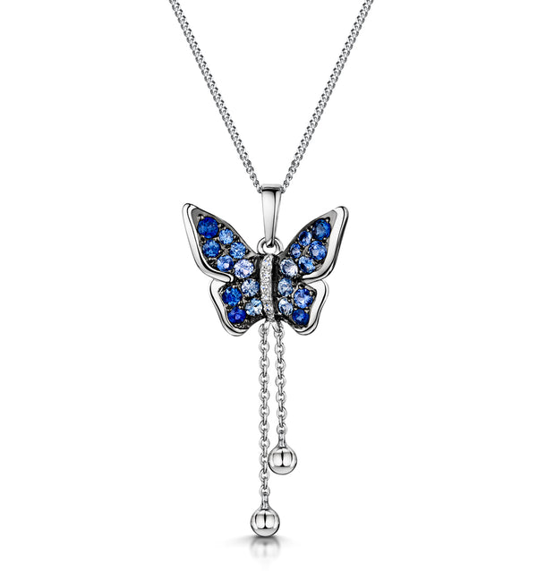 Stellato Sapphire Diamond Butterfly Pendant Necklace 9K White Gold