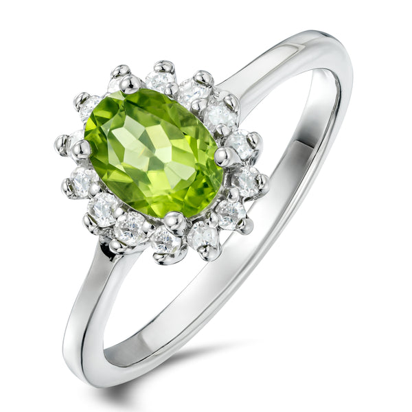Peridot 7 x 5mm And Diamond 925 Sterling Silver Ring