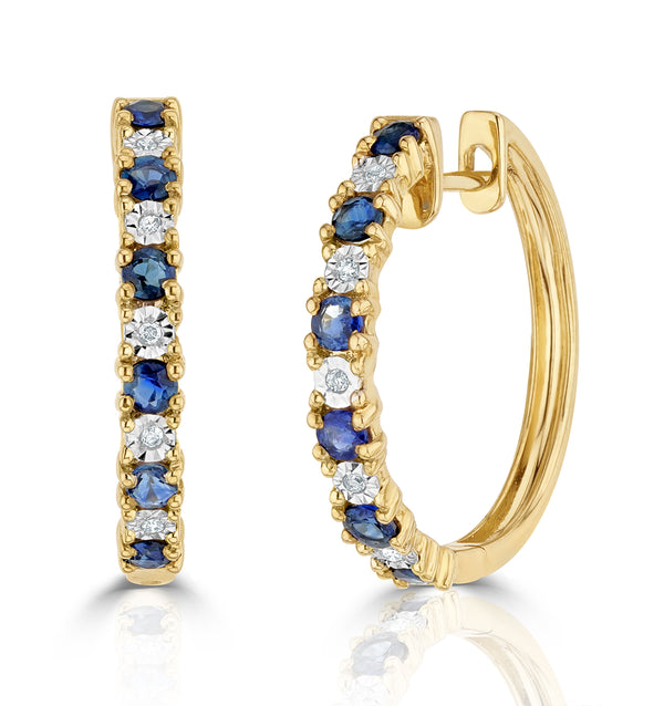 Sapphire 0.71ct and Diamond Hoop Earrings in 9K Gold