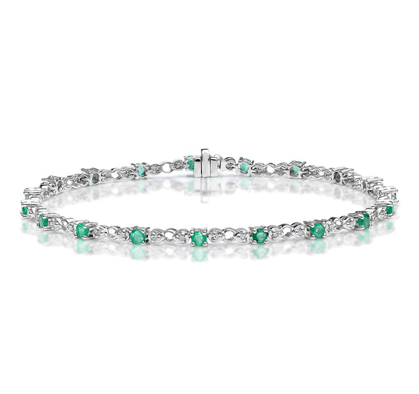 9K White Gold Diamond and Emerald Claw Set Link Bracelet
