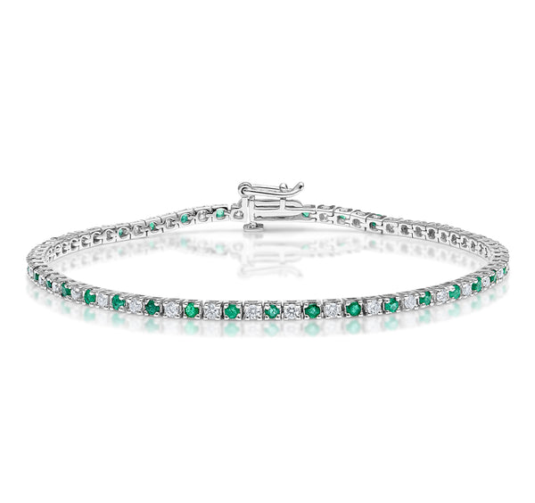 Emerald and 1ct Lab Diamond Tennis Bracelet in 9K White Gold