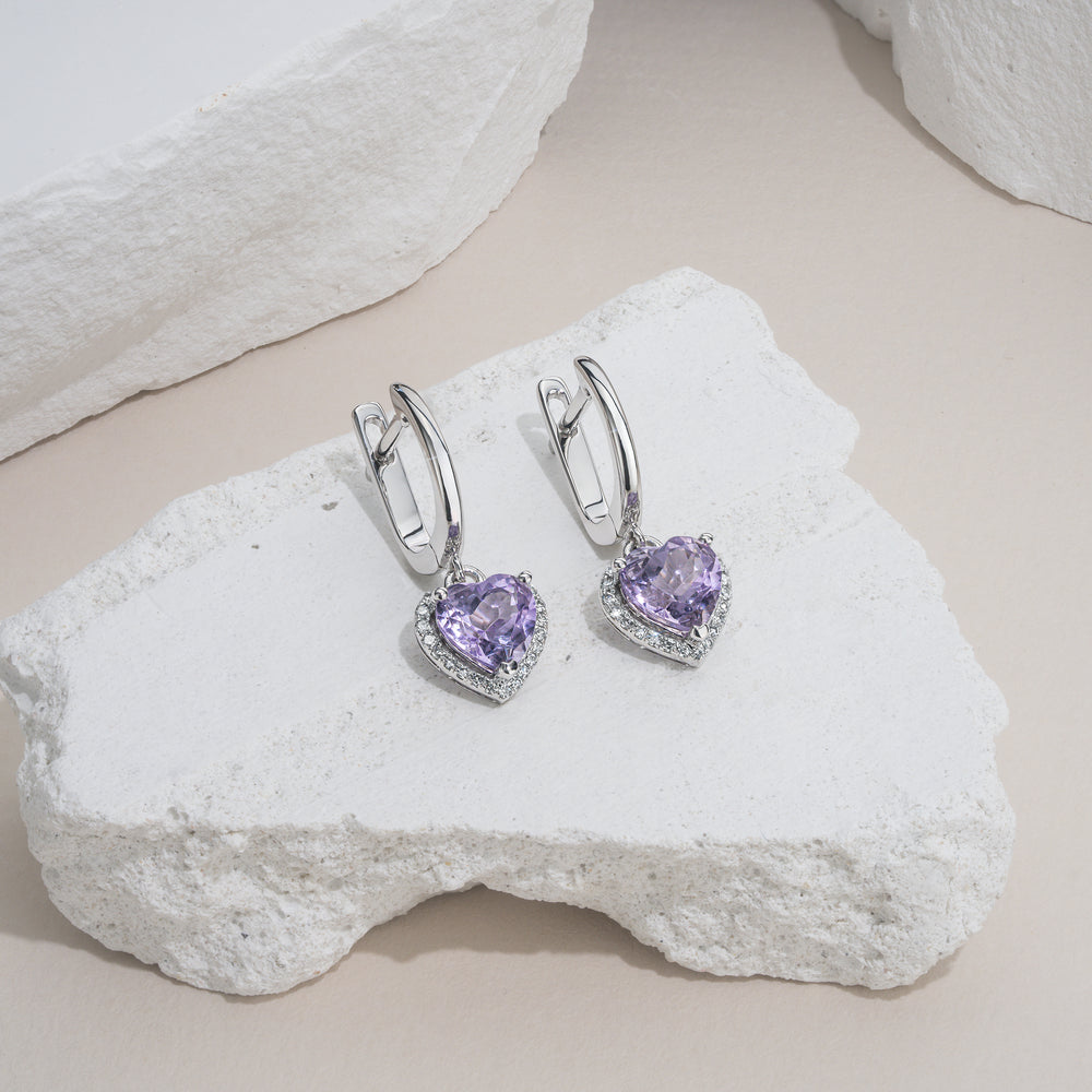 Stellato Amethyst and Diamond Pave Heart Earrings in 9K White Gold
