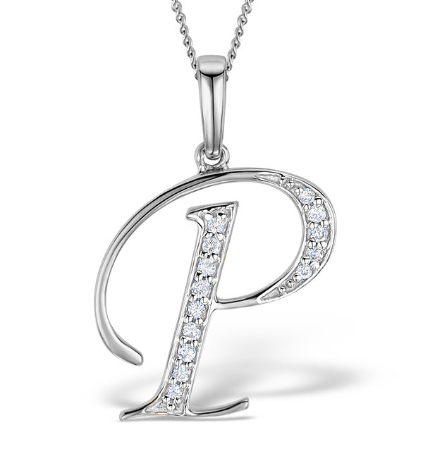 9K White Gold Diamond Initial 'P' Necklace 0.05ct