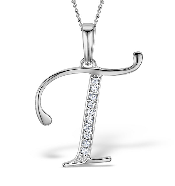 925 Silver Lab Diamond Initial 'T' Necklace 0.05ct