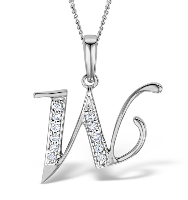 9K White Gold Diamond Initial 'W' Necklace 0.05ct