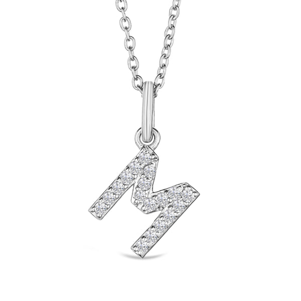 Love Letter Initial M Lab Diamond Necklace set in 925 Sterling Silver