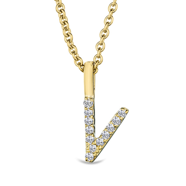 Love Letter Initial V Lab Diamond Necklace set in 9K Yellow Gold