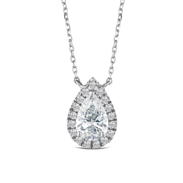 Lumia Pear Cut Lab Diamond Halo Pendant 1.20ct F/VS in 9K White Gold