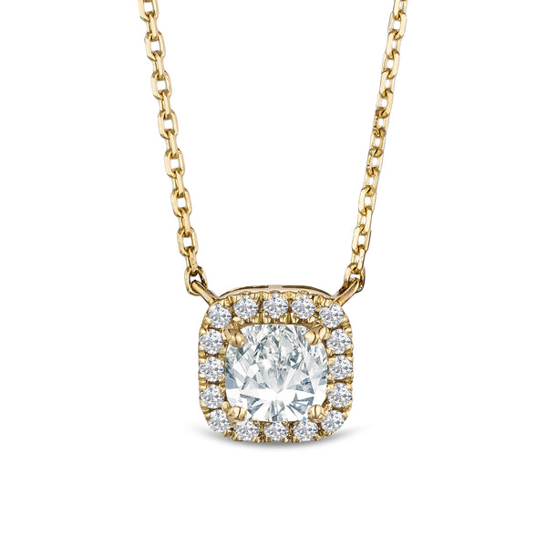 Lumia Halo 0.65ct Cushion Cut Lab Diamond Necklace in 9K Yellow Gold