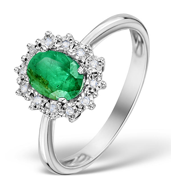 Emerald Ring With Lab Diamond Halo 7 x 5mm Set in 925 Silver