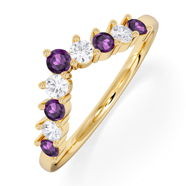 Amethyst and Lab Diamond Wishbone Ring in 9K Yellow Gold