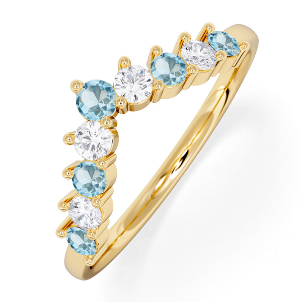 Blue Topaz and Lab Diamond Wishbone Ring in 9K Yellow Gold
