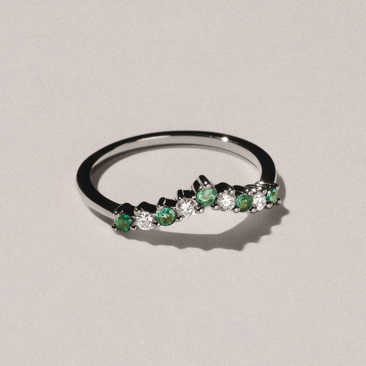 Starlit Emerald and Lab Diamond Wishbone Ring in 9K White Gold