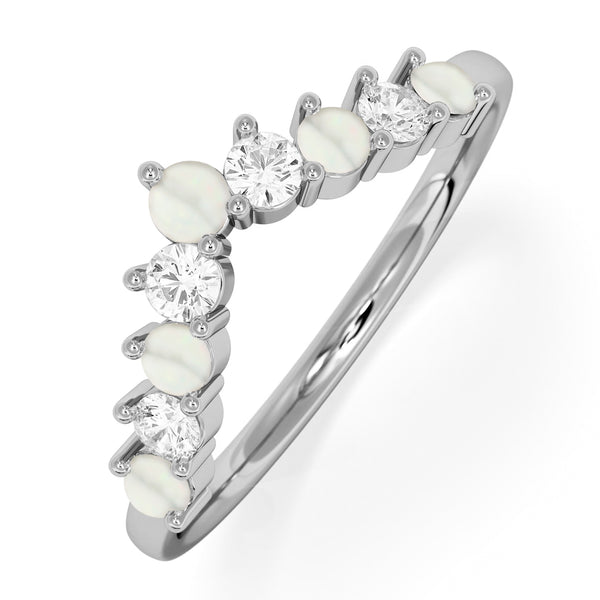 Opal and Lab Diamond Wishbone Ring in 9K White Gold