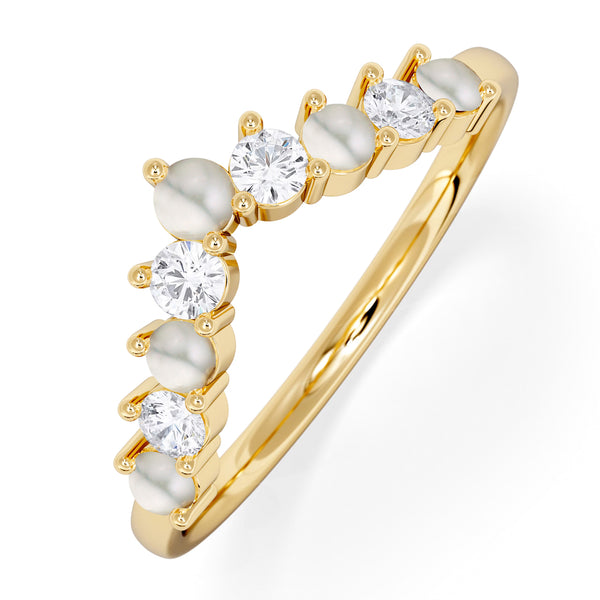 Pearl and Lab Diamond Wishbone Ring in 9K Yellow Gold